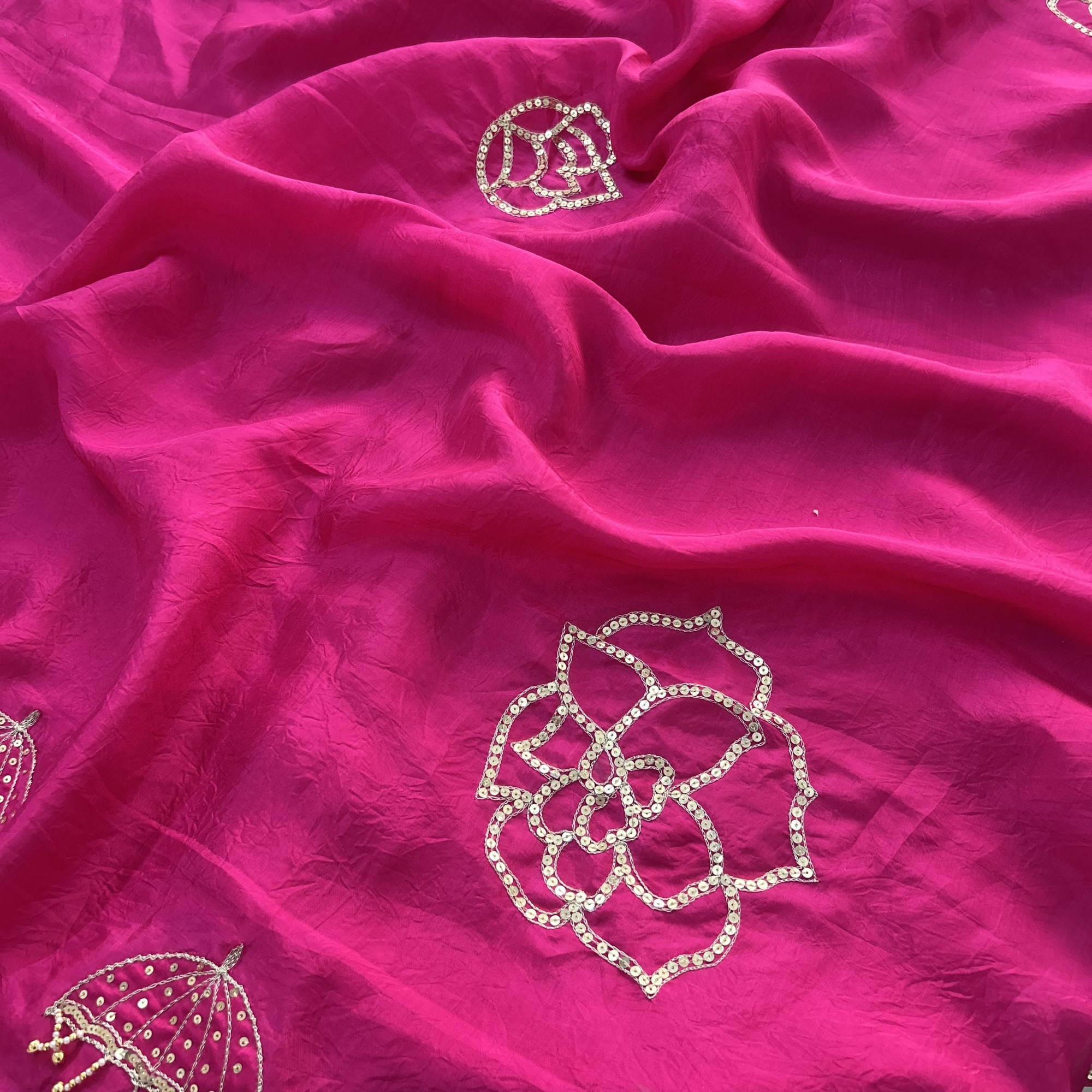 Magenta Hand-Embroidered Tissue Chanderi Saree