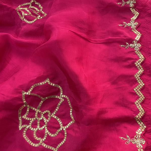 Magenta Hand-Embroidered Tissue Chanderi Saree