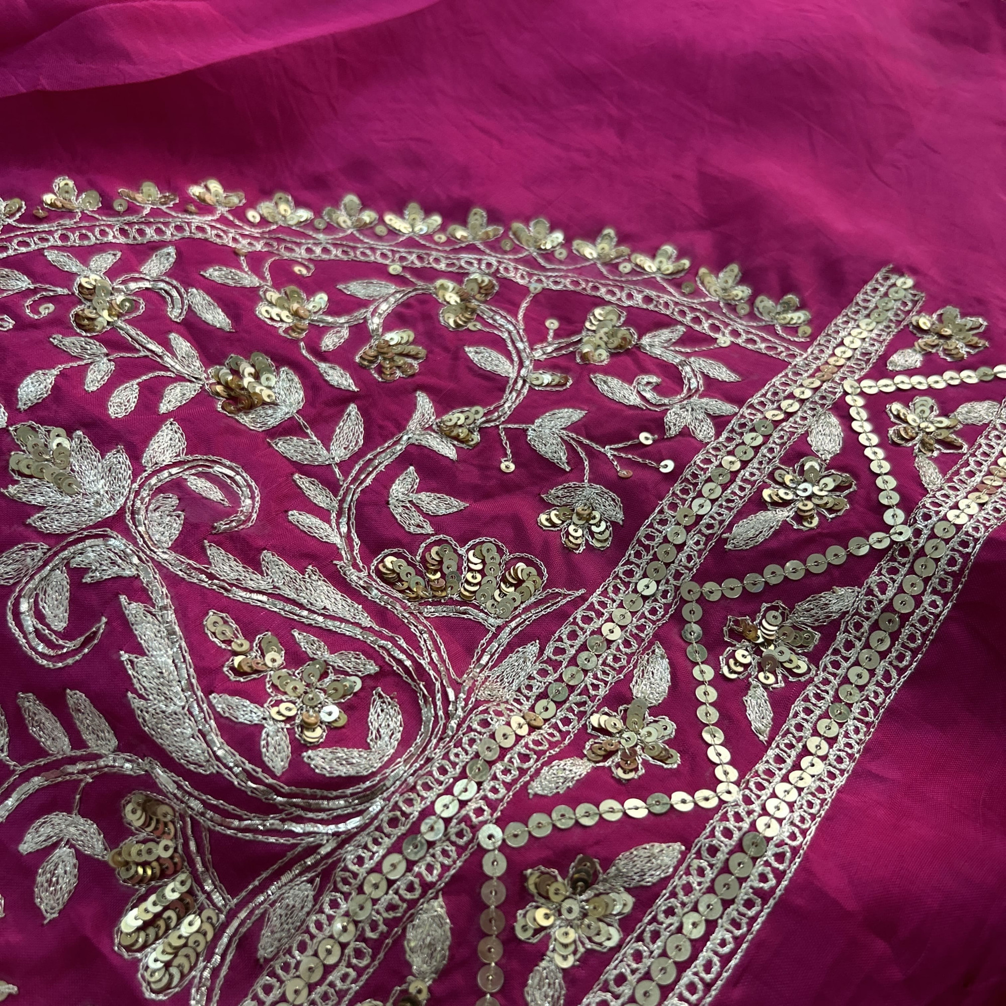 Magenta Hand-Embroidered Tissue Chanderi Saree