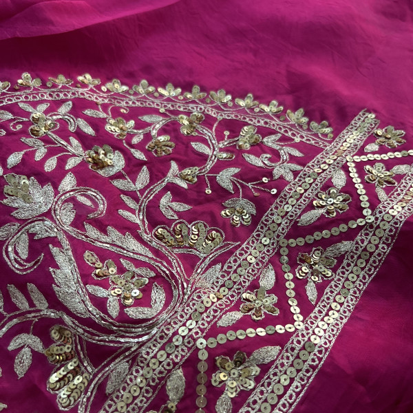 Magenta Hand-Embroidered Tissue Chanderi Saree