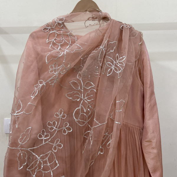 Peach Gathered Sequins Embroidered Suit Set