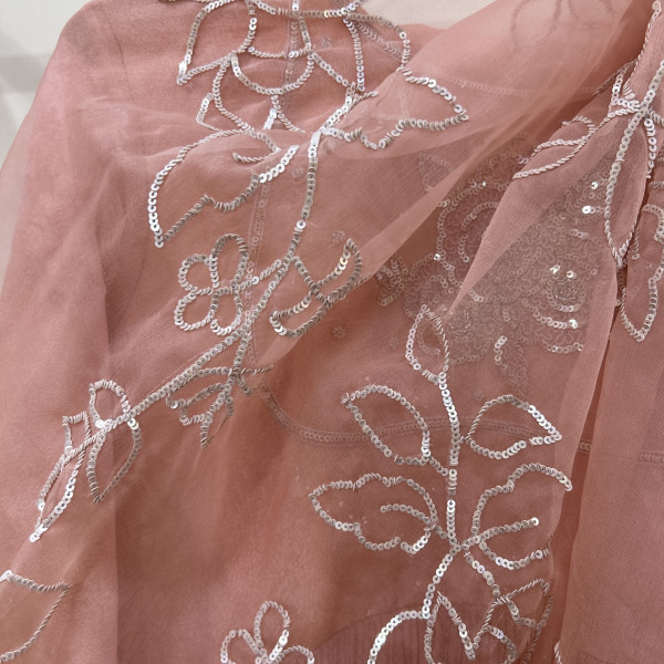 Peach Gathered Sequins Embroidered Suit Set