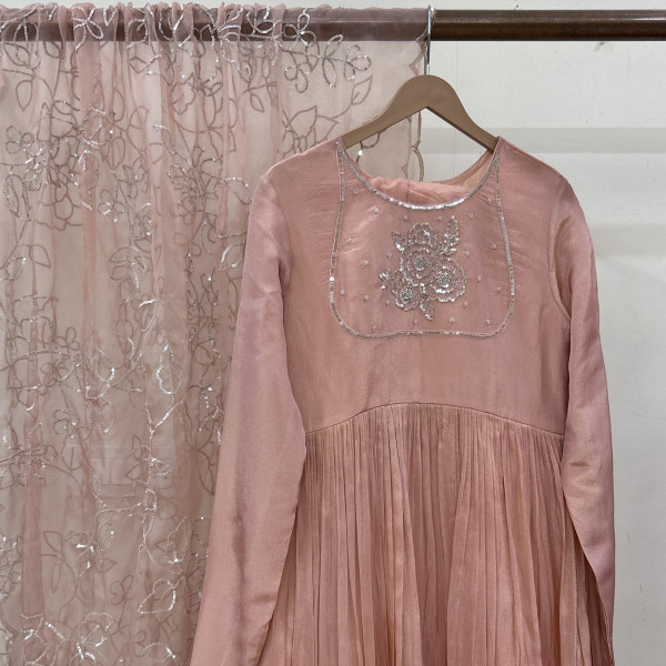 Peach Gathered Sequins Embroidered Suit Set