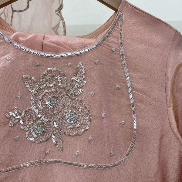 Peach Gathered Sequins Embroidered Suit Set