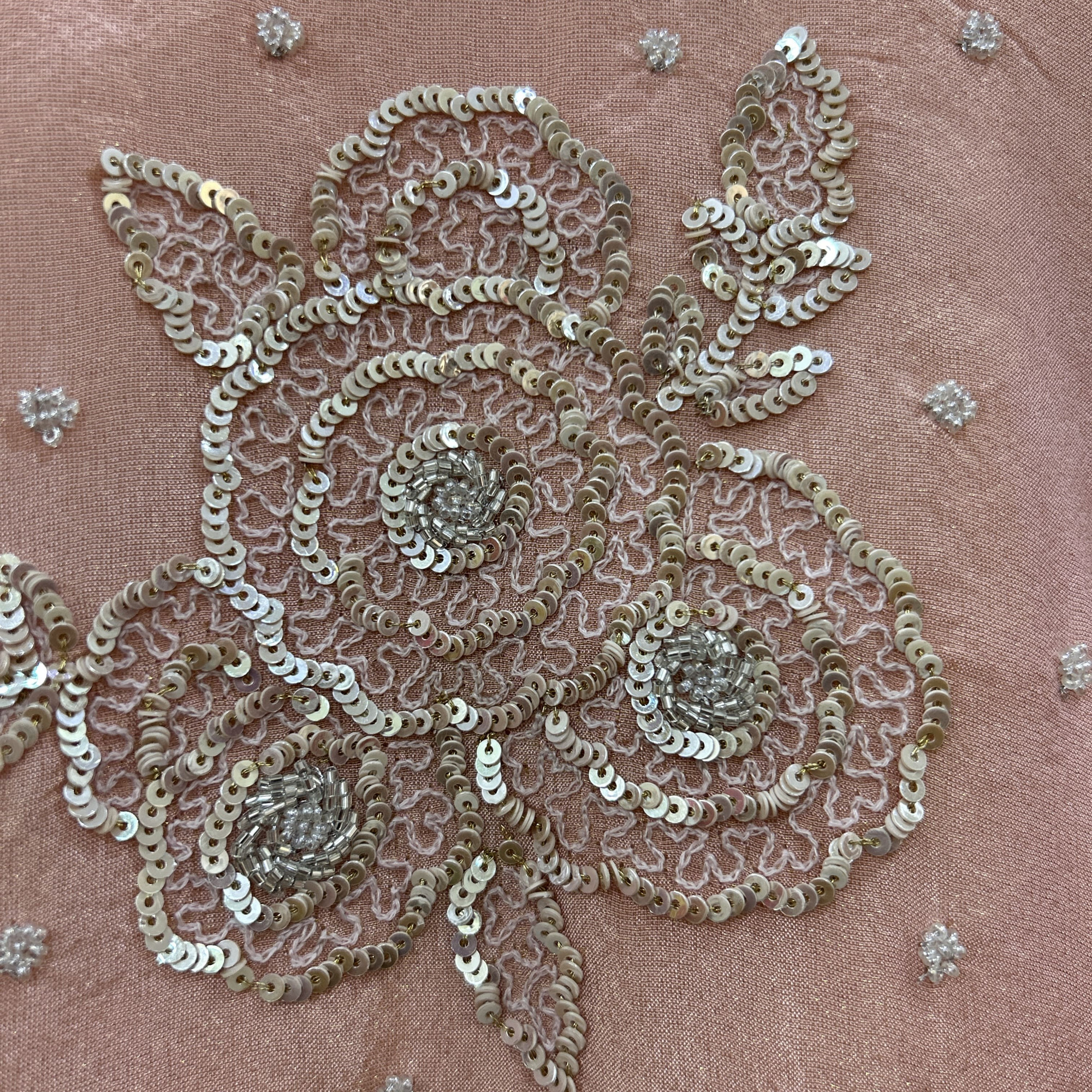 Peach Gathered Sequins Embroidered Suit Set