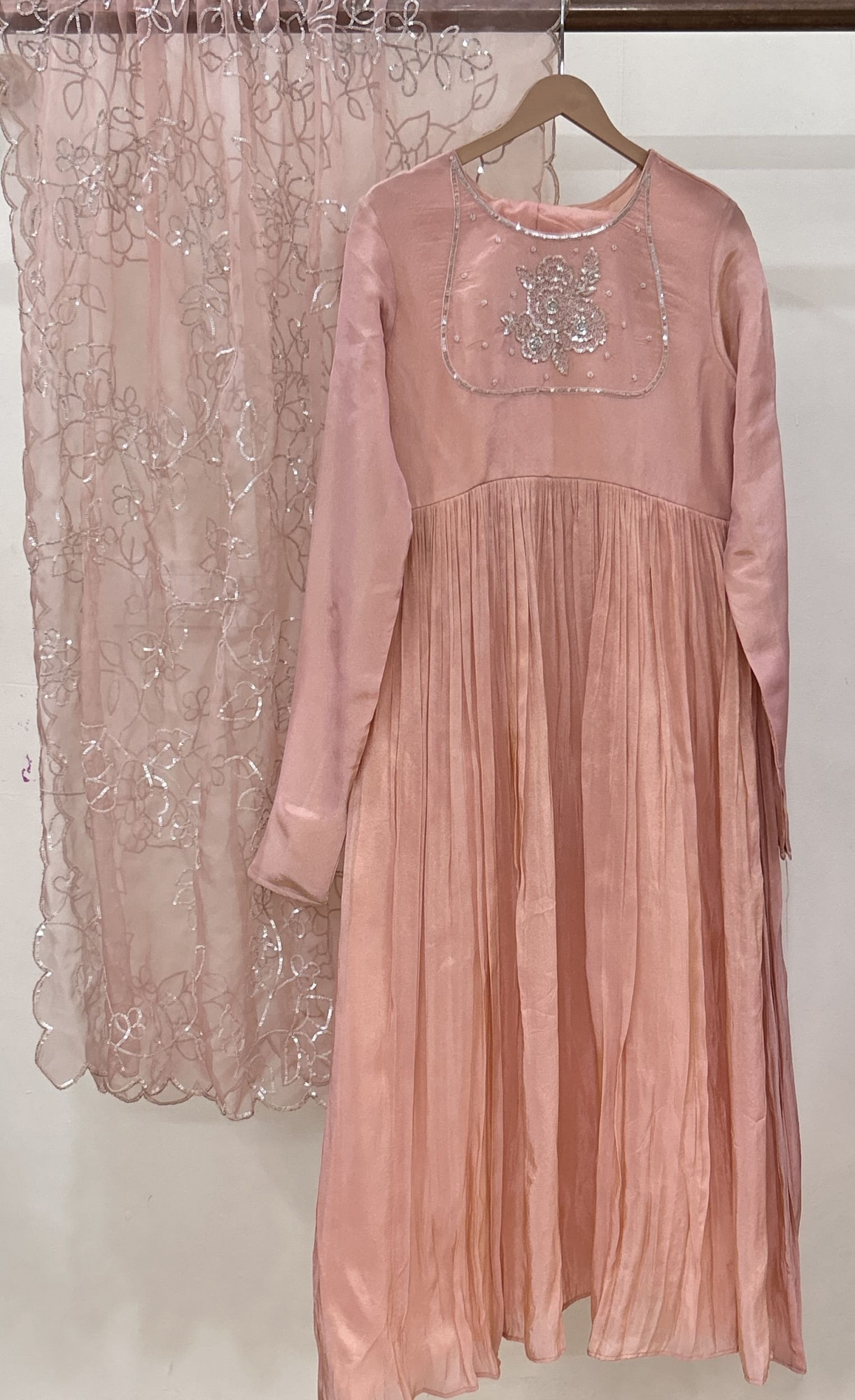 Peach Gathered Sequins Embroidered Suit Set
