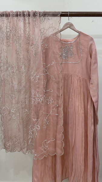 Peach Gathered Sequins Embroidered Suit Set