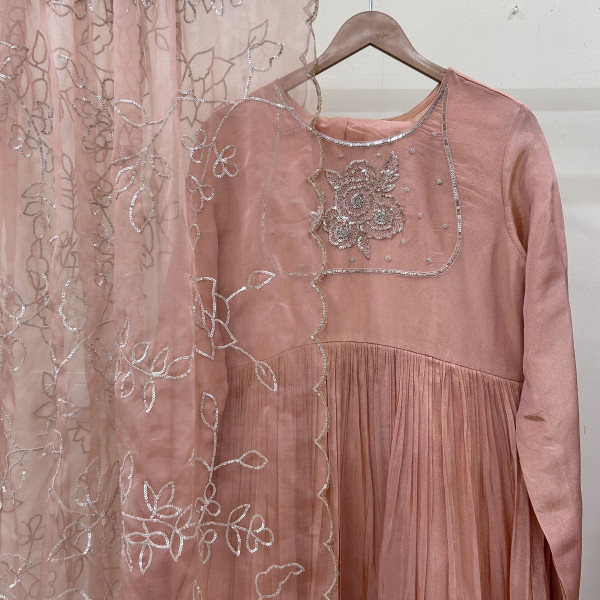 Peach Gathered Sequins Embroidered Suit Set