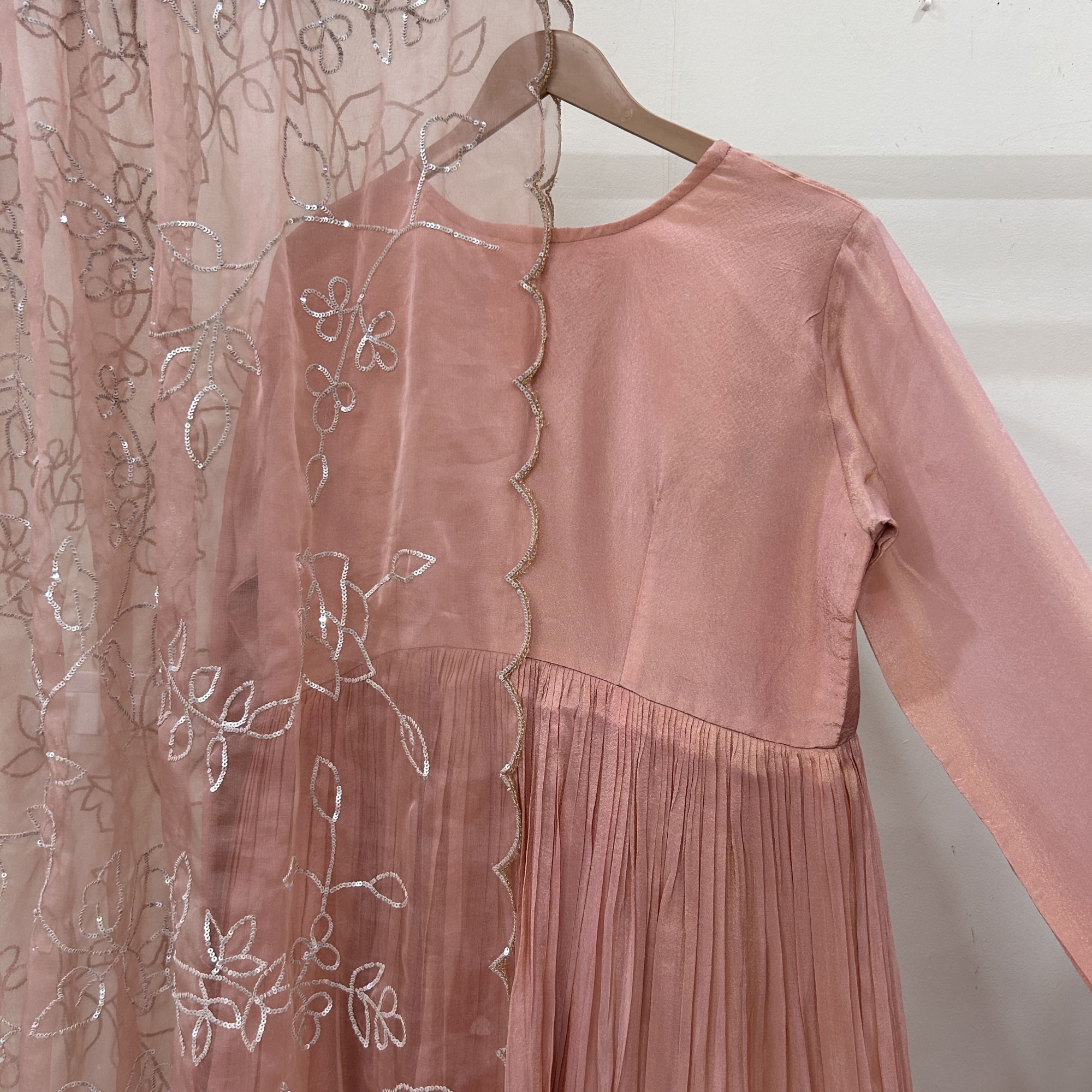 Peach Gathered Sequins Embroidered Suit Set