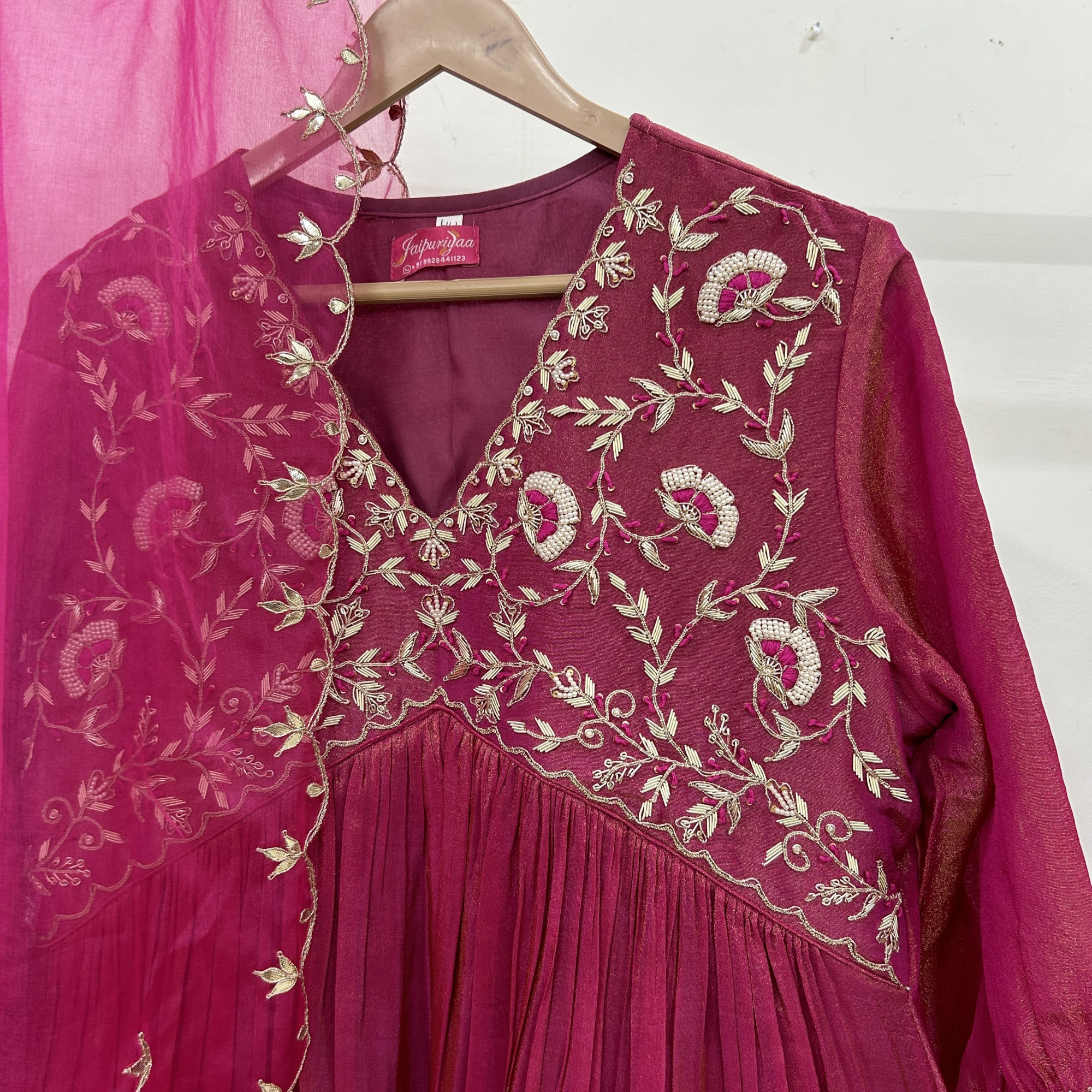 Cherry Pink Alia Cut Hand-Embroidered Tissue Suit