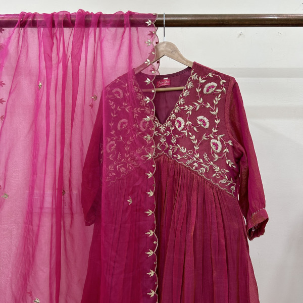 Cherry Pink Alia Cut Hand-Embroidered Tissue Suit