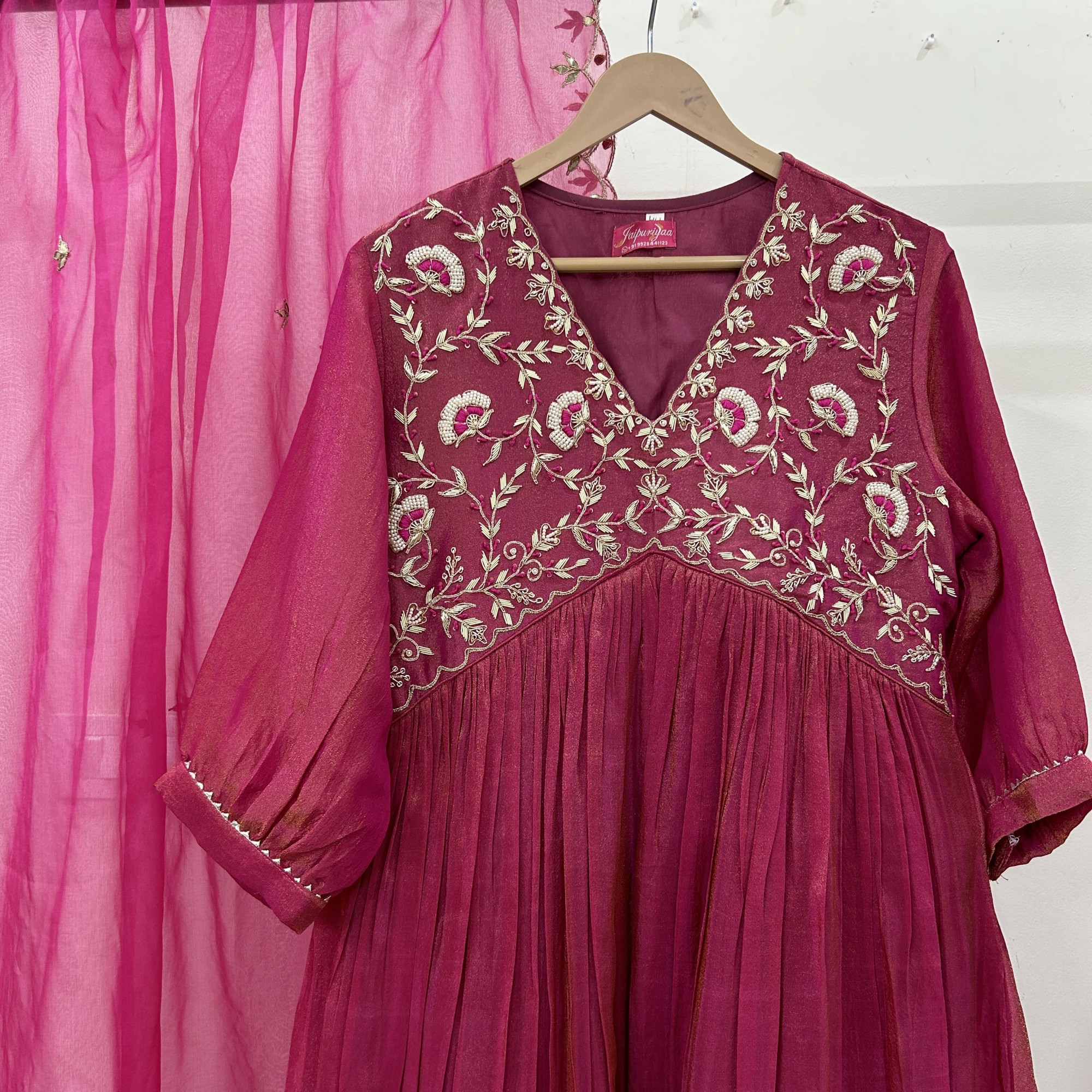 Cherry Pink Alia Cut Hand-Embroidered Tissue Suit