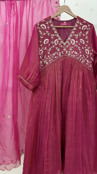Cherry Pink Alia Cut Hand-Embroidered Tissue Suit