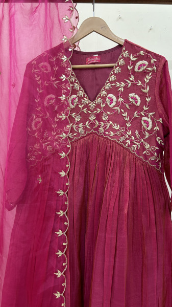 Cherry Pink Alia Cut Hand-Embroidered Tissue Suit