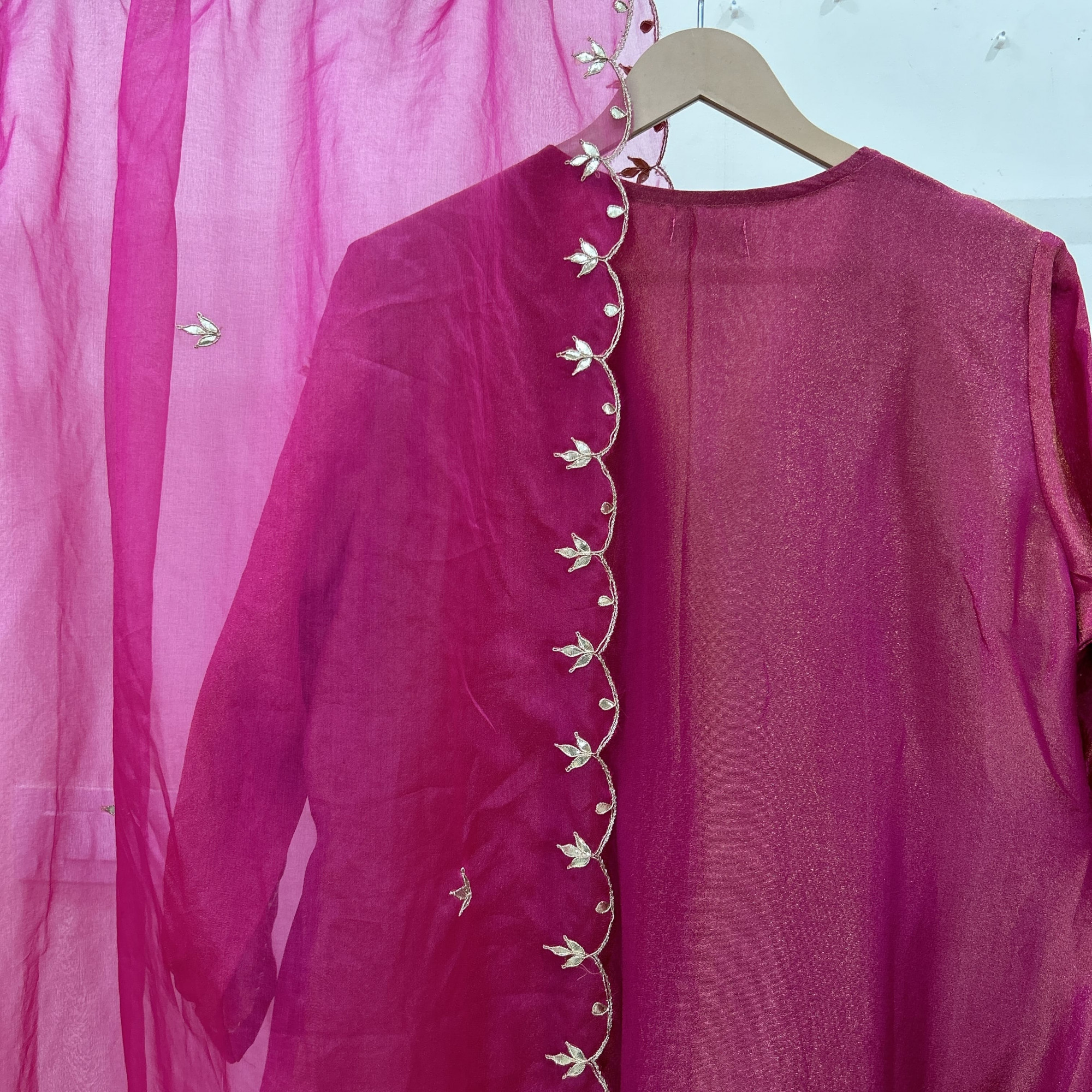 Cherry Pink Alia Cut Hand-Embroidered Tissue Suit