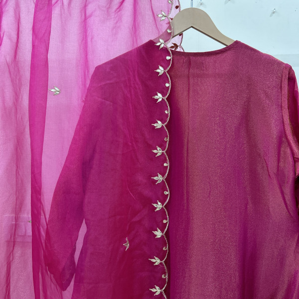 Cherry Pink Alia Cut Hand-Embroidered Tissue Suit