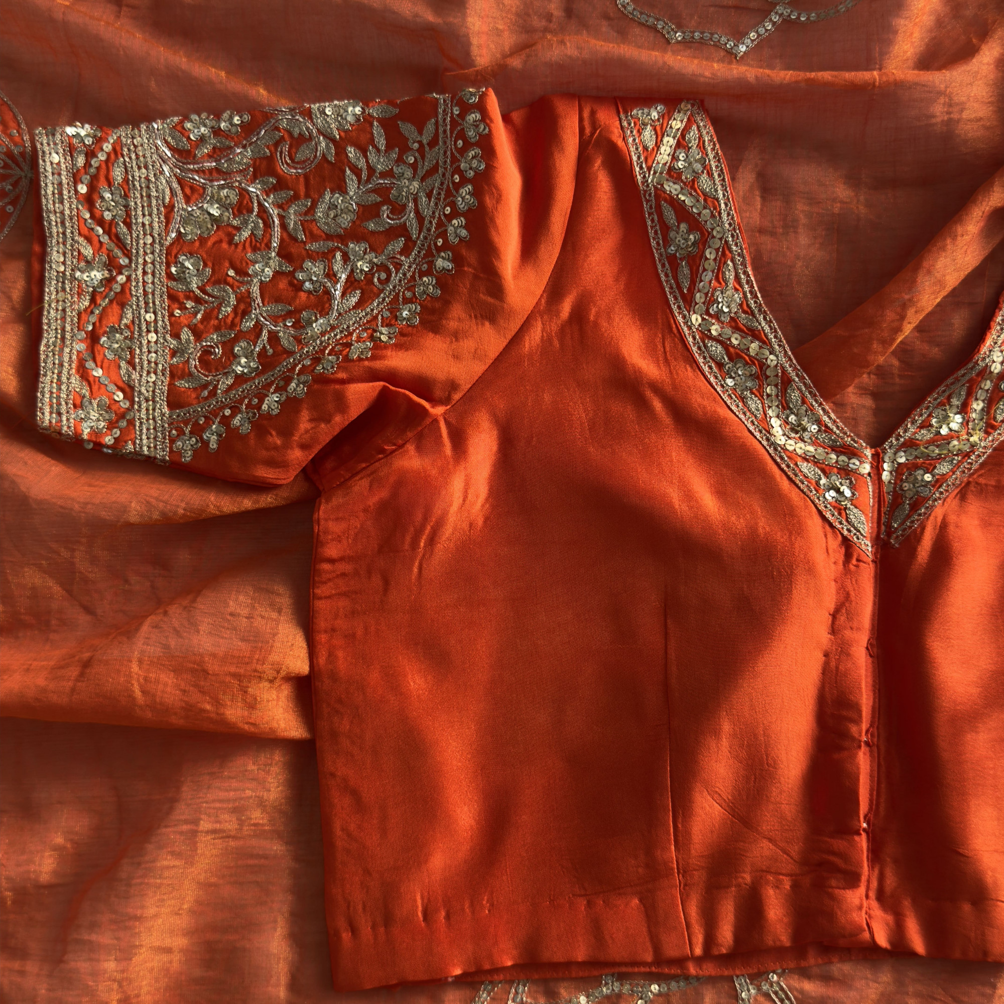 Rust Orange Hand-Embroidered Tissue Chanderi Saree