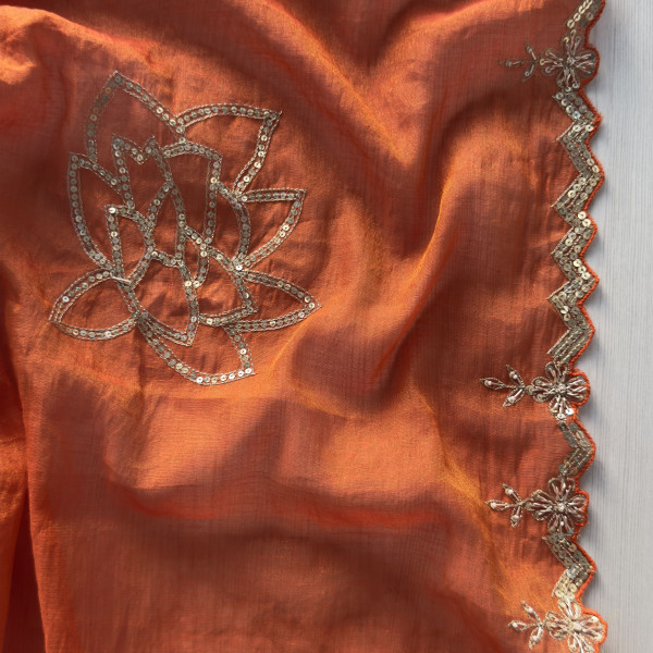 Rust Orange Hand-Embroidered Tissue Chanderi Saree
