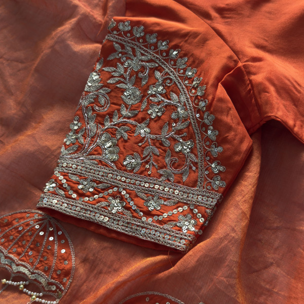 Rust Orange Hand-Embroidered Tissue Chanderi Saree