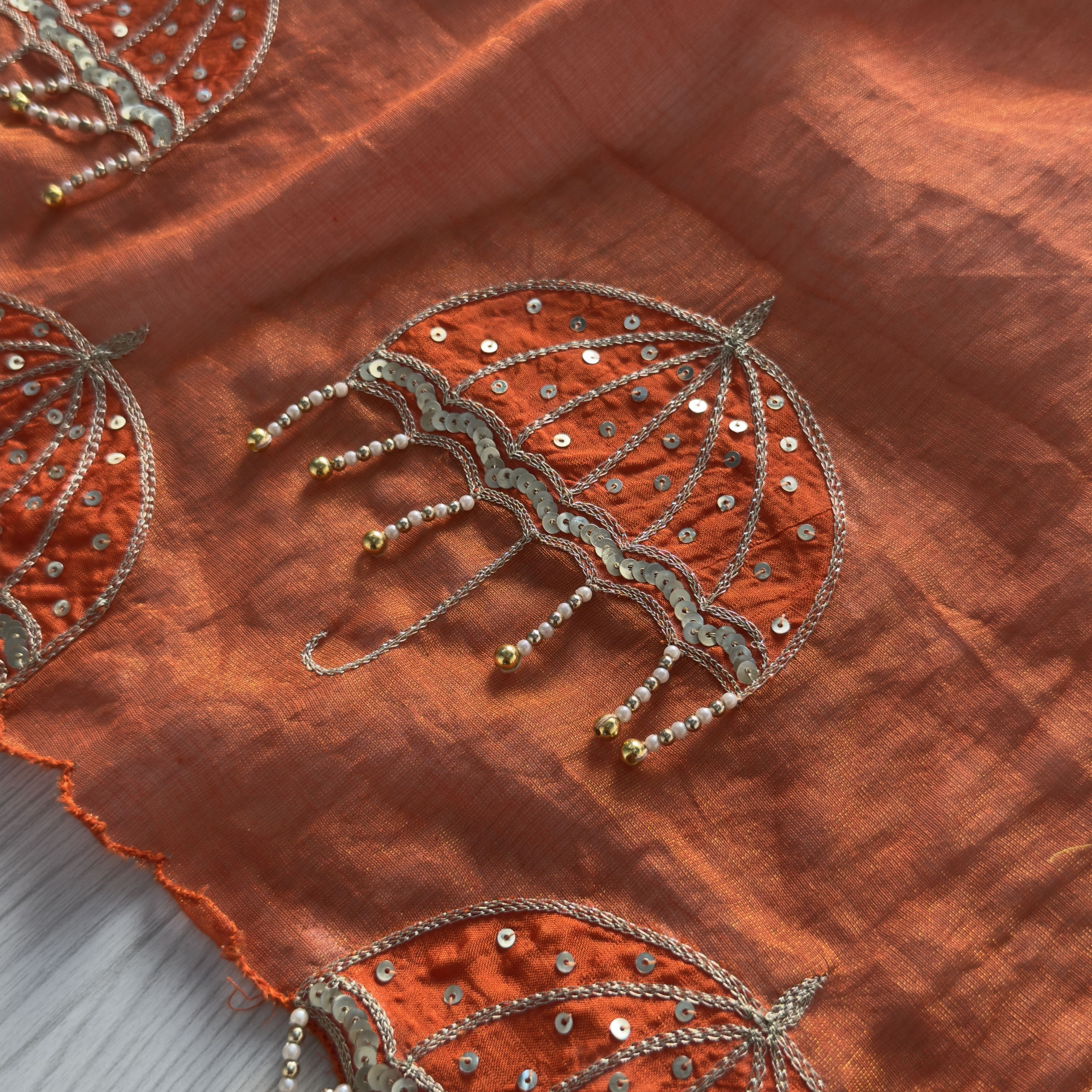 Rust Orange Hand-Embroidered Tissue Chanderi Saree