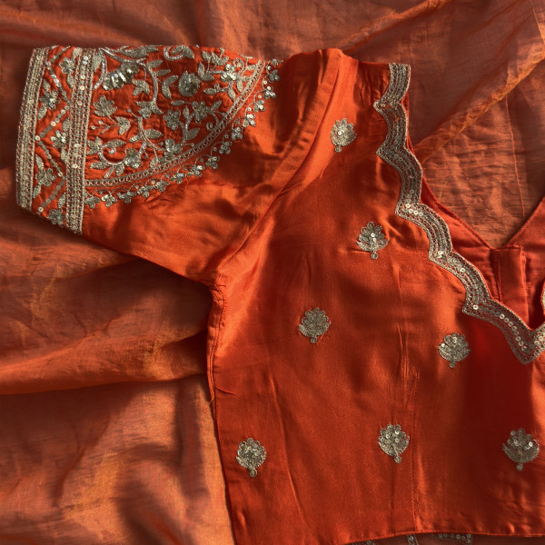 Rust Orange Hand-Embroidered Tissue Chanderi Saree