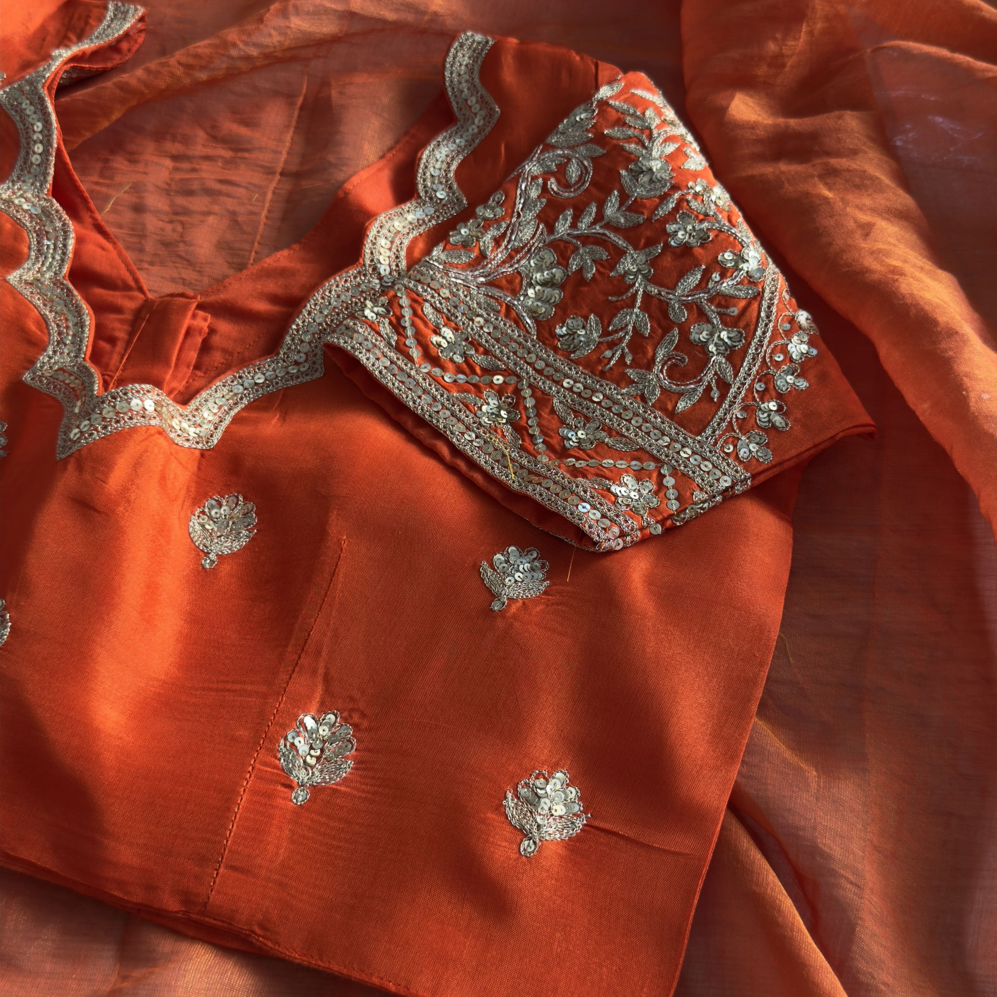 Rust Orange Hand-Embroidered Tissue Chanderi Saree