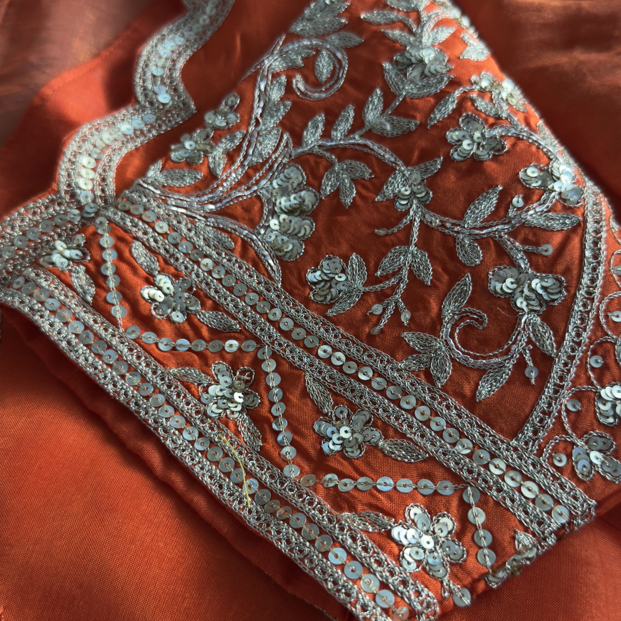 Rust Orange Hand-Embroidered Tissue Chanderi Saree