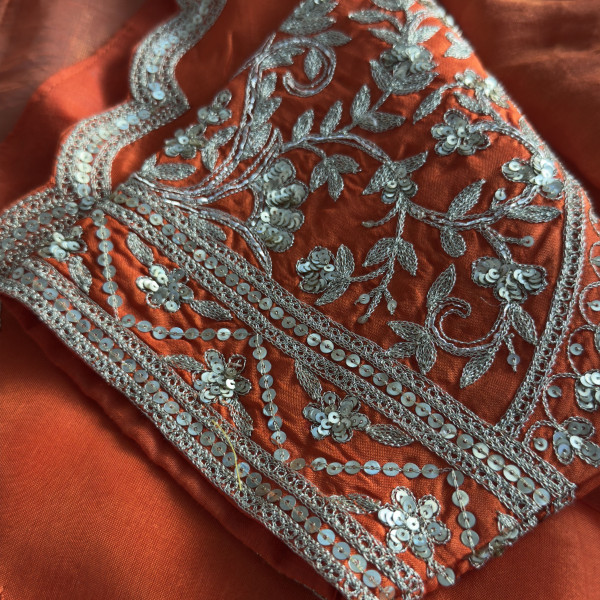 Rust Orange Hand-Embroidered Tissue Chanderi Saree