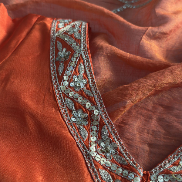 Rust Orange Hand-Embroidered Tissue Chanderi Saree