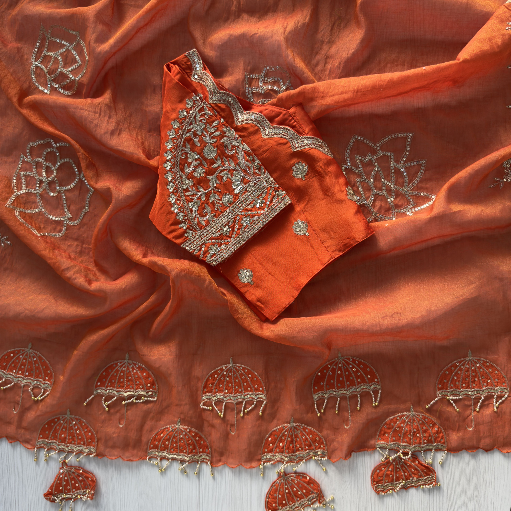 Rust Orange Hand-Embroidered Tissue Chanderi Saree