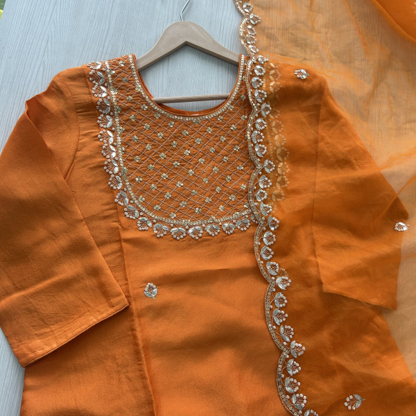 Orange Sequin Embroidered Indo Western