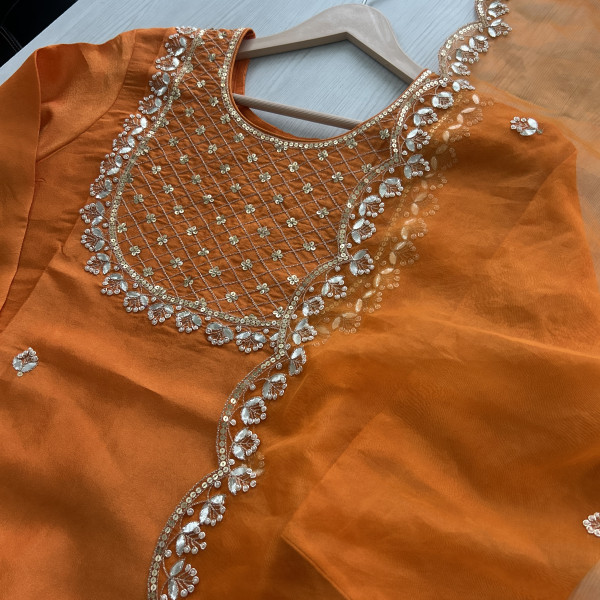 Orange Sequin Embroidered Indo Western
