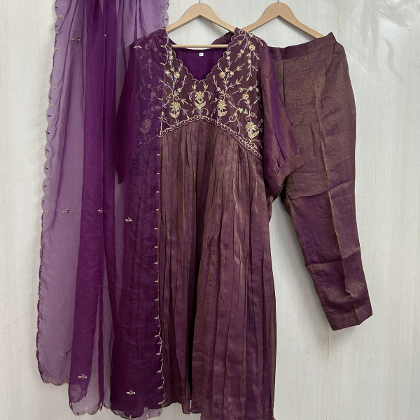 Purple Alia-Cut Hand Embroidered Tissue Suit