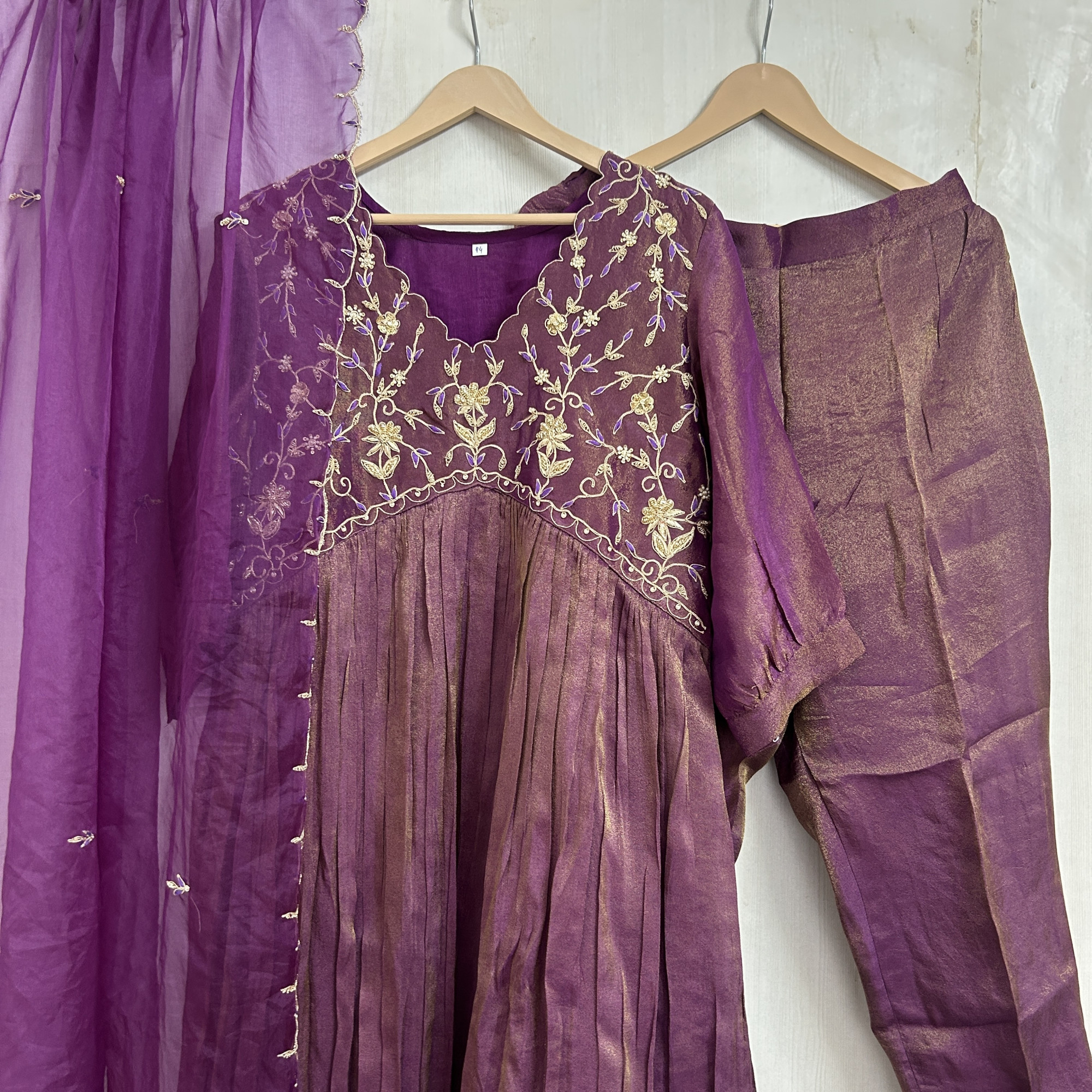 Purple Alia-Cut Hand Embroidered Tissue Suit