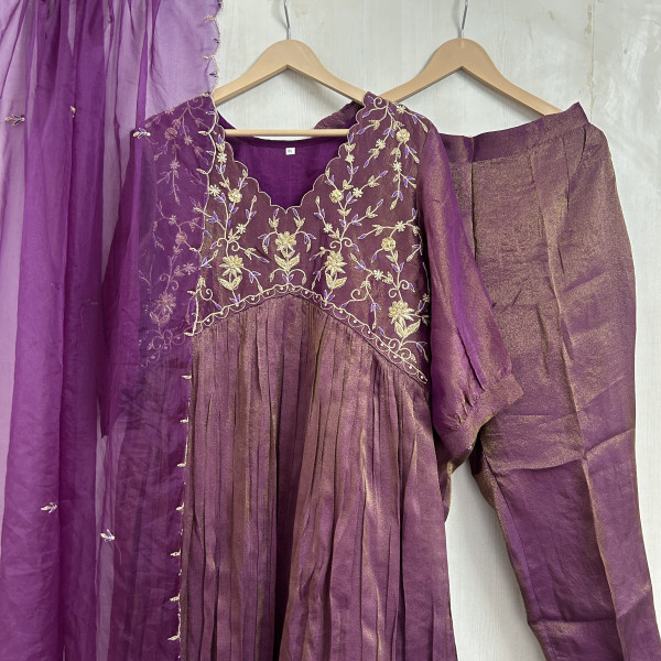 Purple Alia-Cut Hand Embroidered Tissue Suit