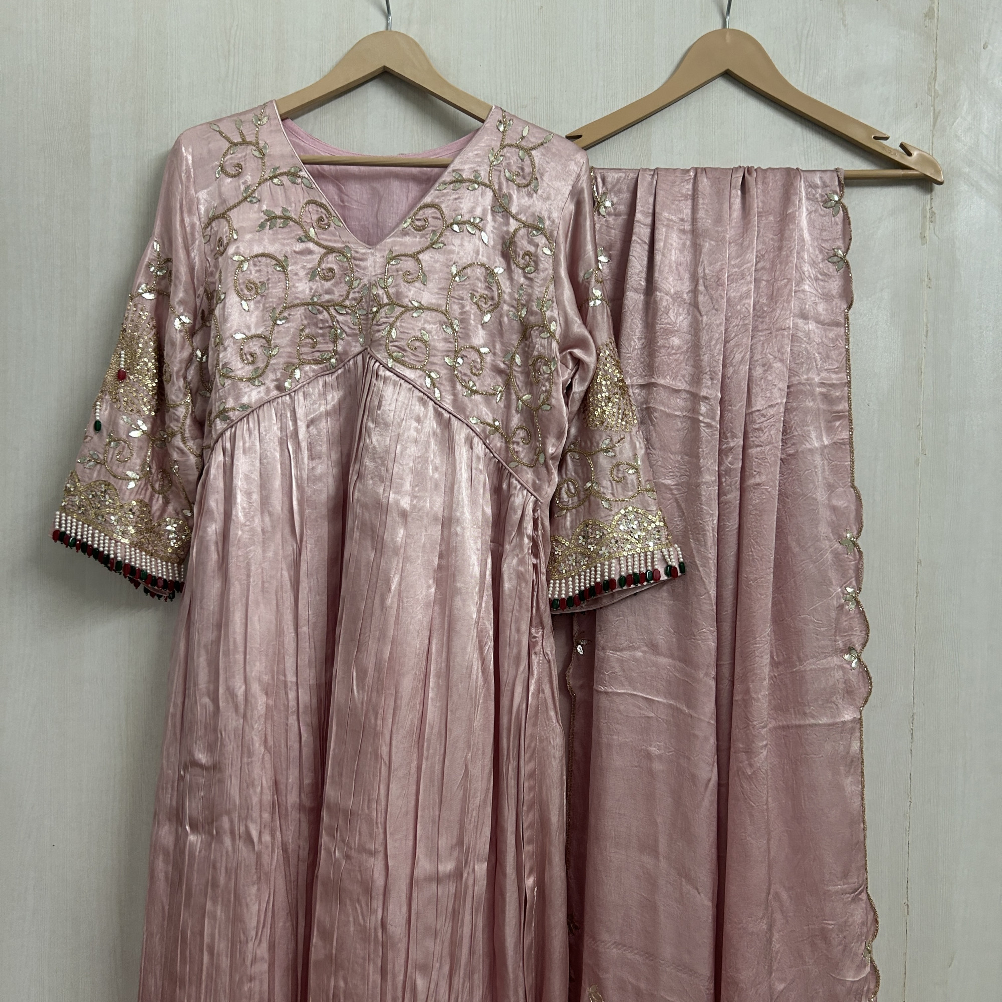 Pink Alia-Cut Mix Work Suit With Pearl Hangings