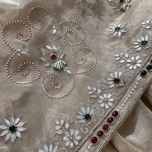 Golden Tissue Hand Embroidered Saree