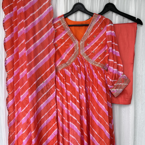 Color-Blocked Orange and Magenta Pink Leheriya Kurta Set