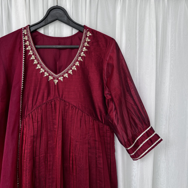 Festive Maroon Chanderi Kurta Set with Marodi Work