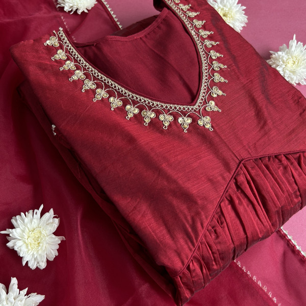 Festive Maroon Chanderi Kurta Set with Marodi Work