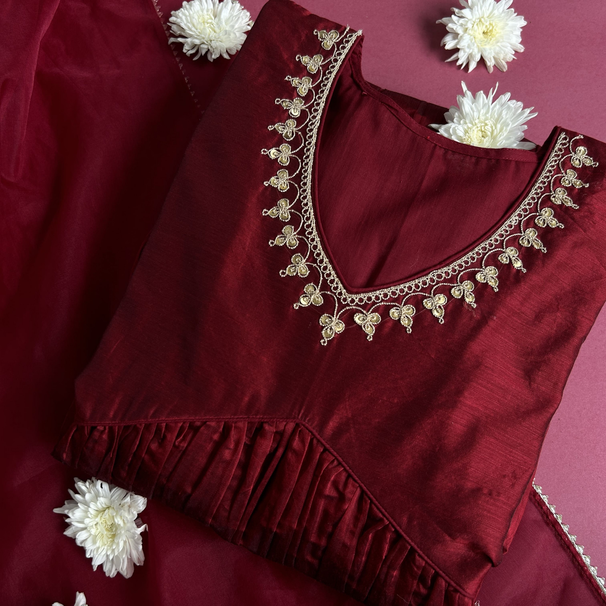 Festive Maroon Chanderi Kurta Set with Marodi Work