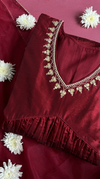 Festive Maroon Chanderi Kurta Set with Marodi Work