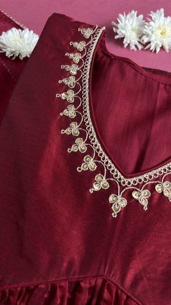 Festive Maroon Chanderi Kurta Set with Marodi Work