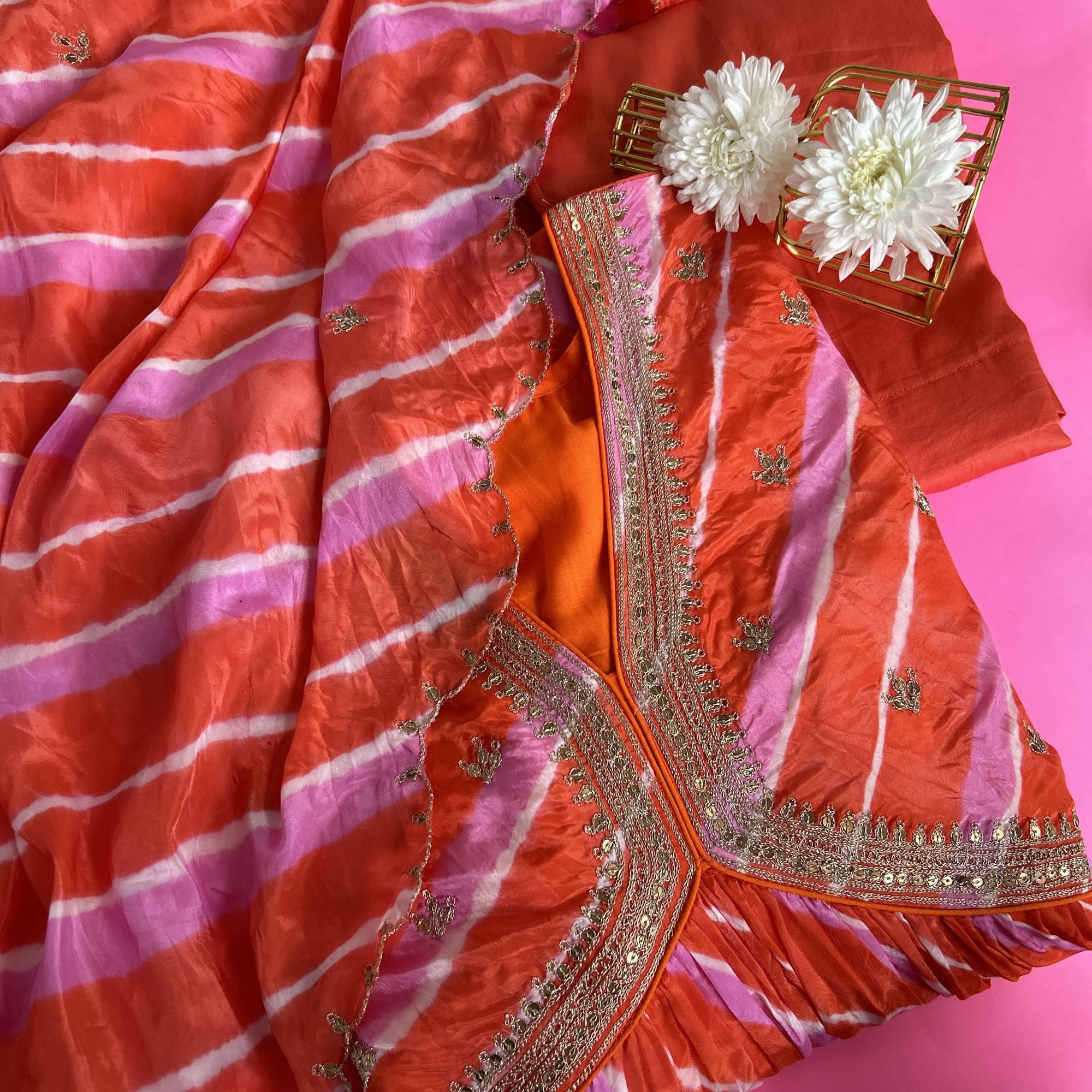 Color-Blocked Orange and Magenta Pink Leheriya Kurta Set