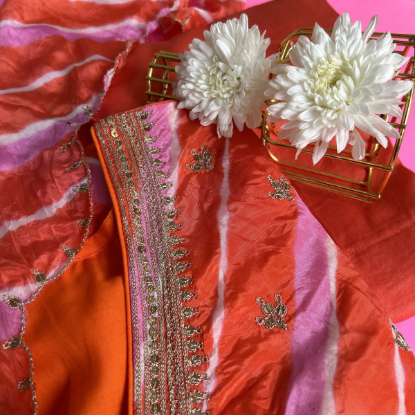 Color-Blocked Orange and Magenta Pink Leheriya Kurta Set
