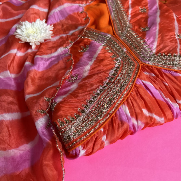 Color-Blocked Orange and Magenta Pink Leheriya Kurta Set