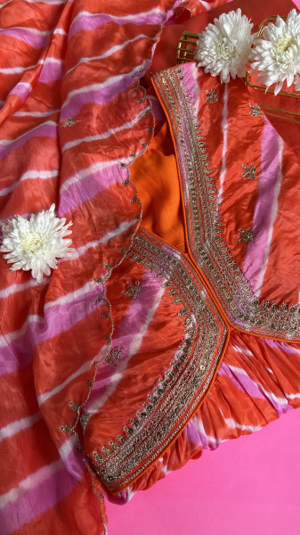Color-Blocked Orange and Magenta Pink Leheriya Kurta Set