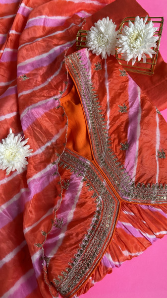 Color-Blocked Orange and Magenta Pink Leheriya Kurta Set
