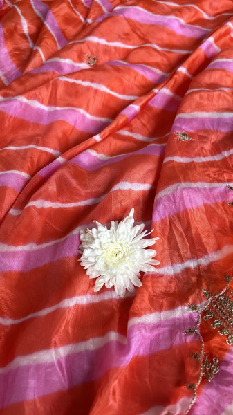 Color-Blocked Orange and Magenta Pink Leheriya Kurta Set