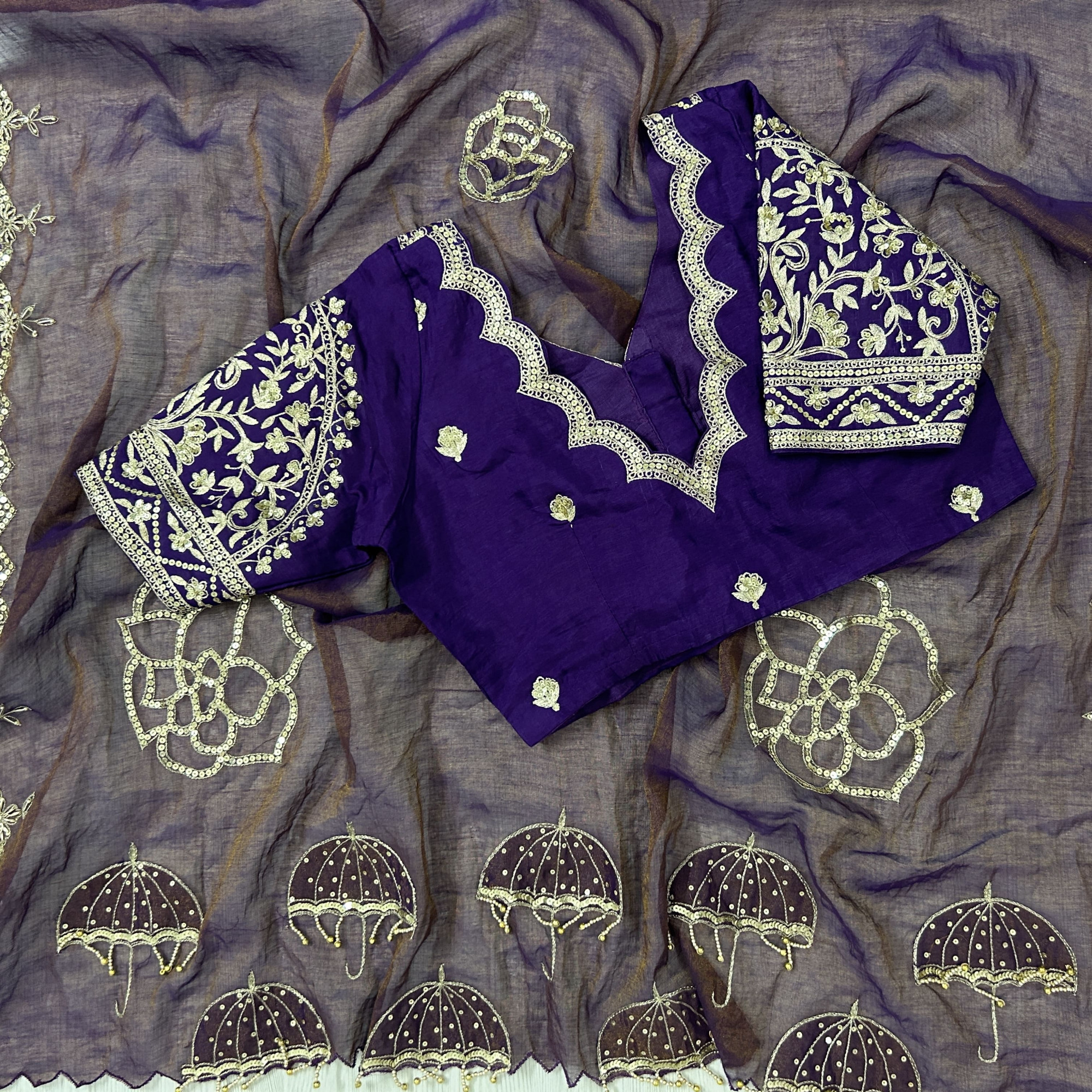 Purple Hand-Embroidered Tissue Chanderi Saree